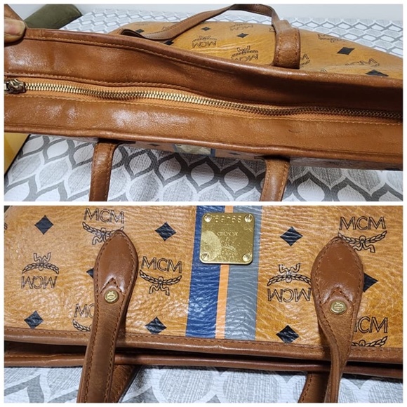 Authentic MCM Visetos Dog Bone Striped Shopper Tote Bag Brown - Picture 5 of 13